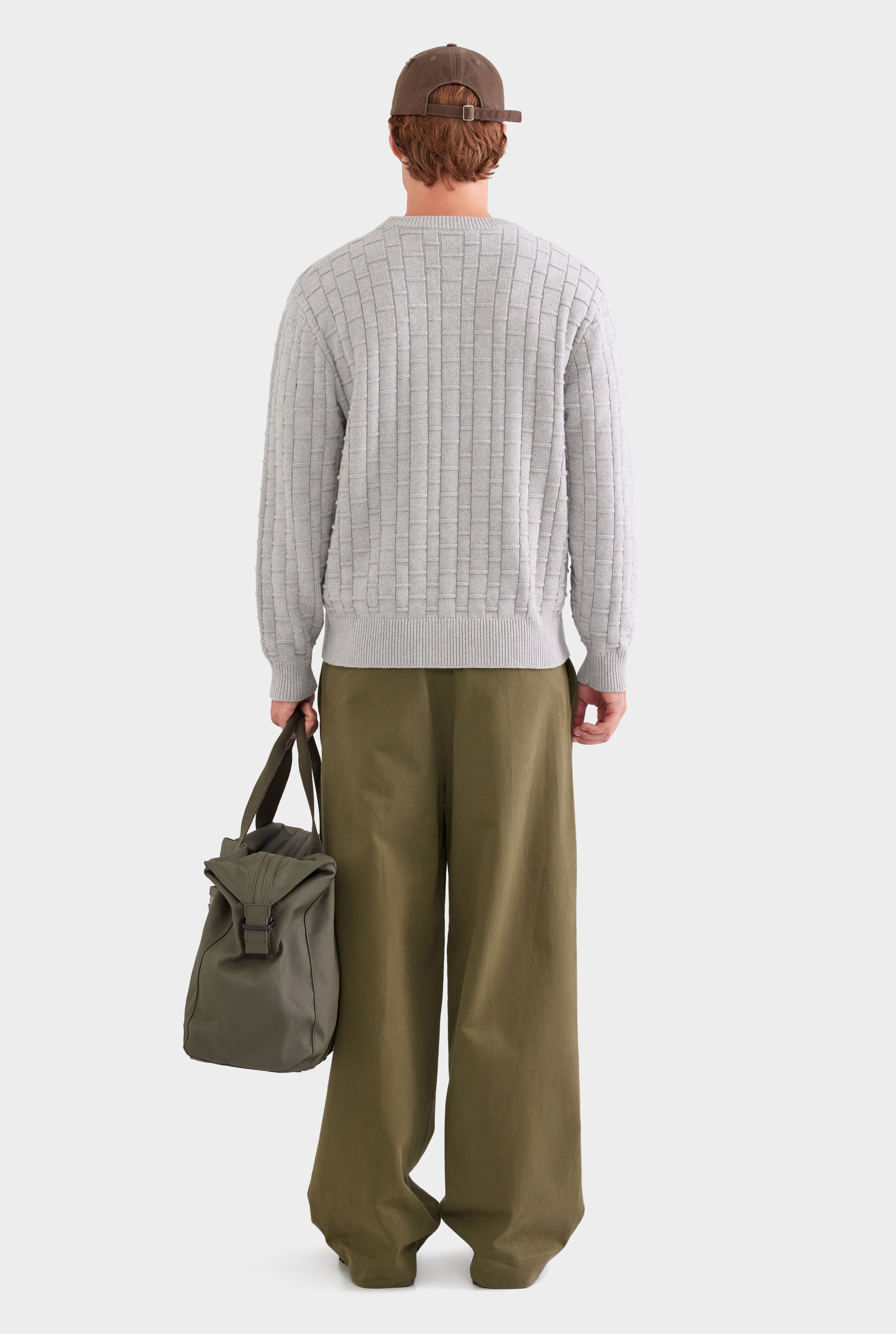 Cotton Cashmere Check Crewneck Sweater - Light Grey Marl