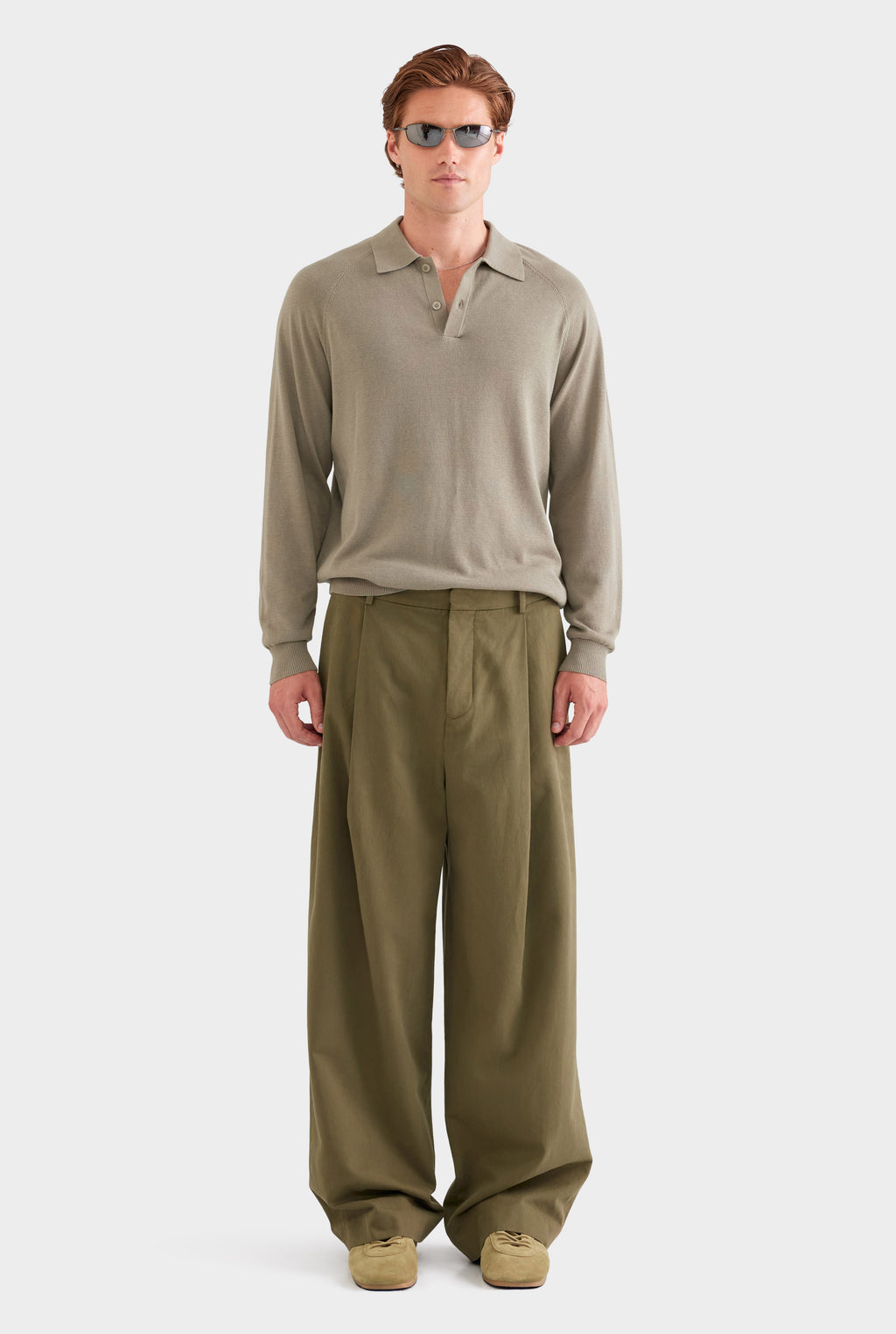Relaxed Pleated Cotton Twill Trouser - Olive