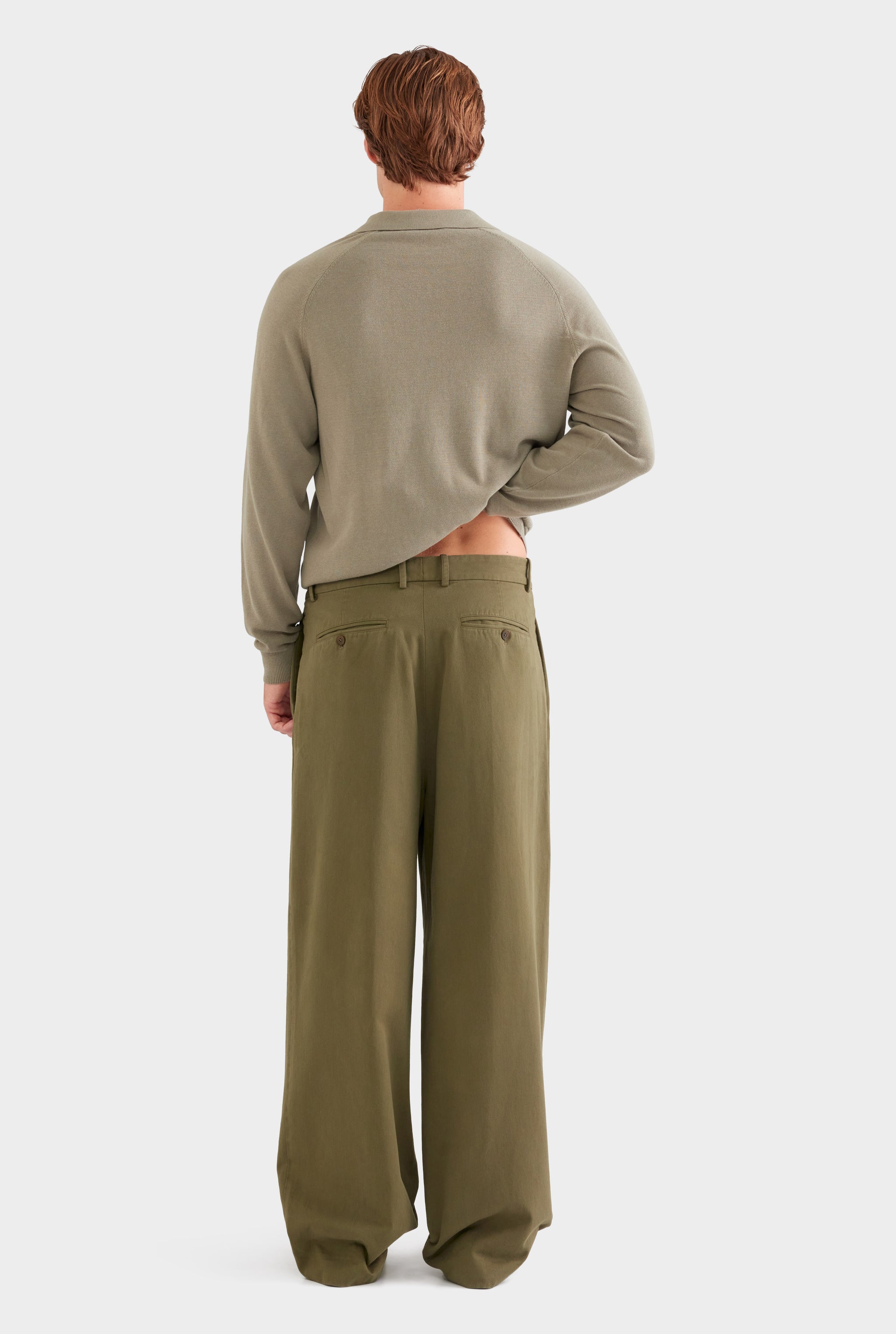 Relaxed Pleated Cotton Twill Trouser - Olive