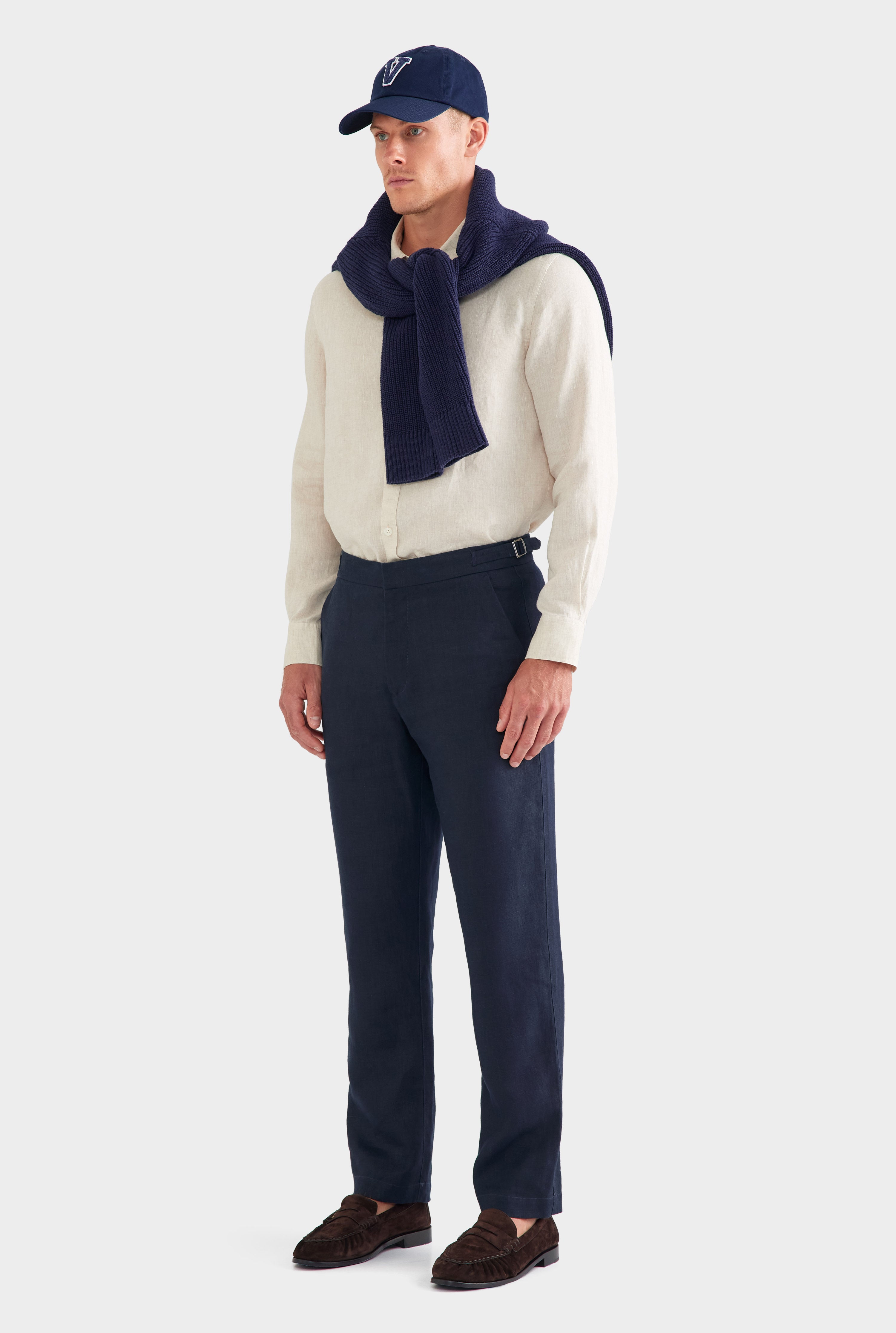 Mens Tailored Linen Side Tab Trouser Navy | Venroy – VENROY