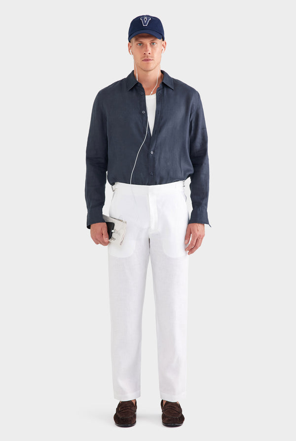 Tailored Linen Side Tab Trouser - White