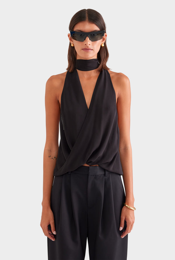 Silk Twist Plunge Top - Black