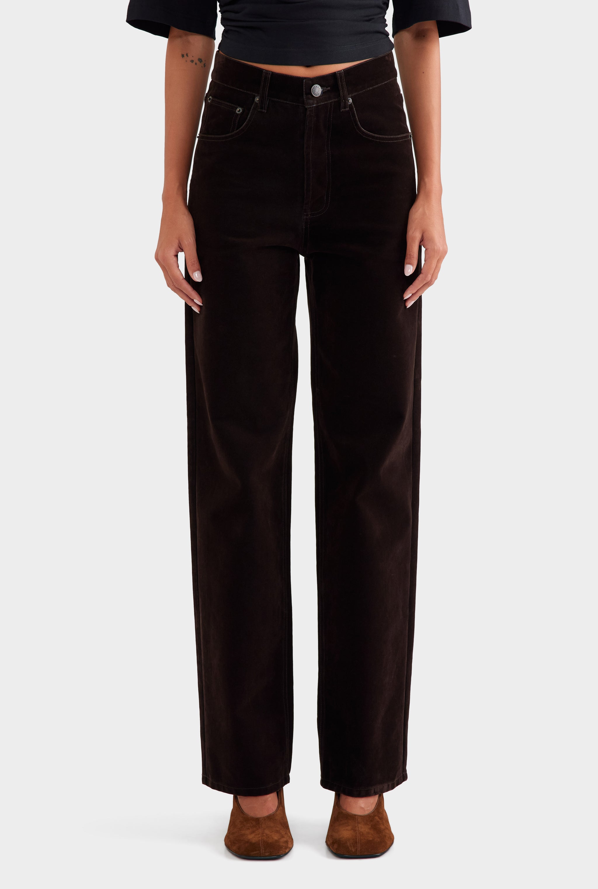 Flocked Cotton V Front Jean - Dark Chocolate