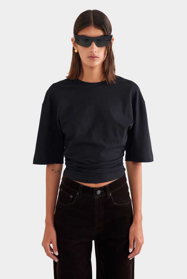 Cinched Waist Cotton Tee - Black