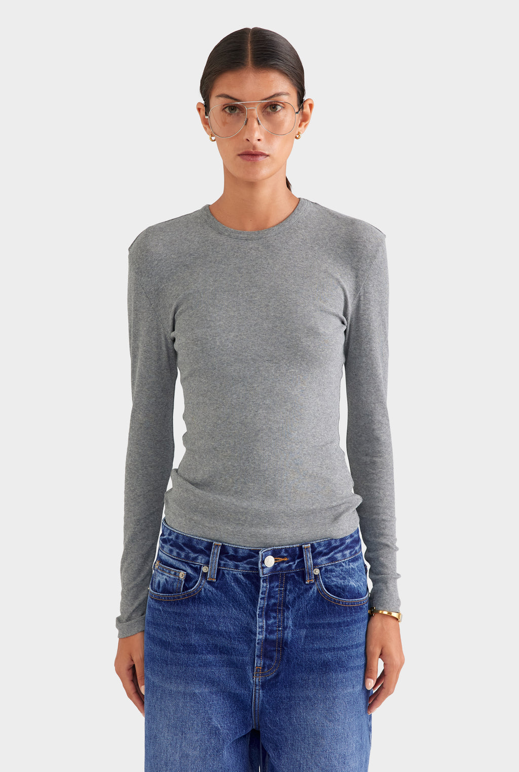 Cotton Rib Long Sleeve Tee - Grey Marl