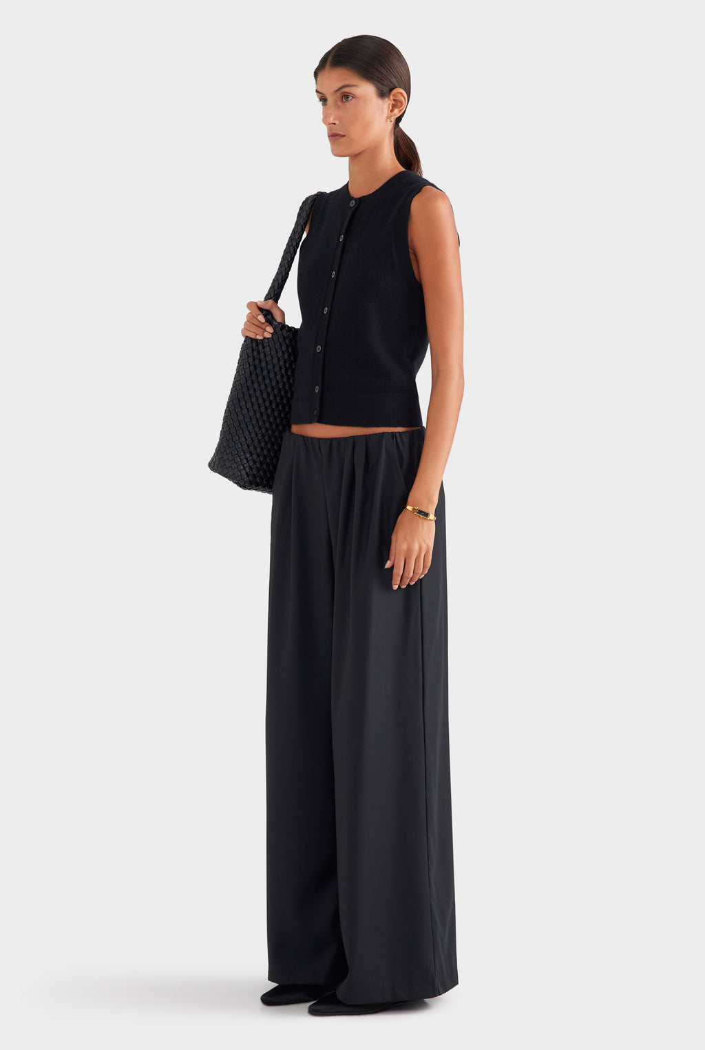 Relaxed Wool Wide Leg Trouser - Black