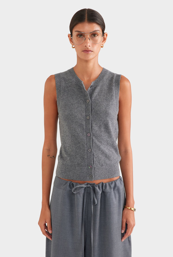 Cashmere Button Through Tank - Charcoal