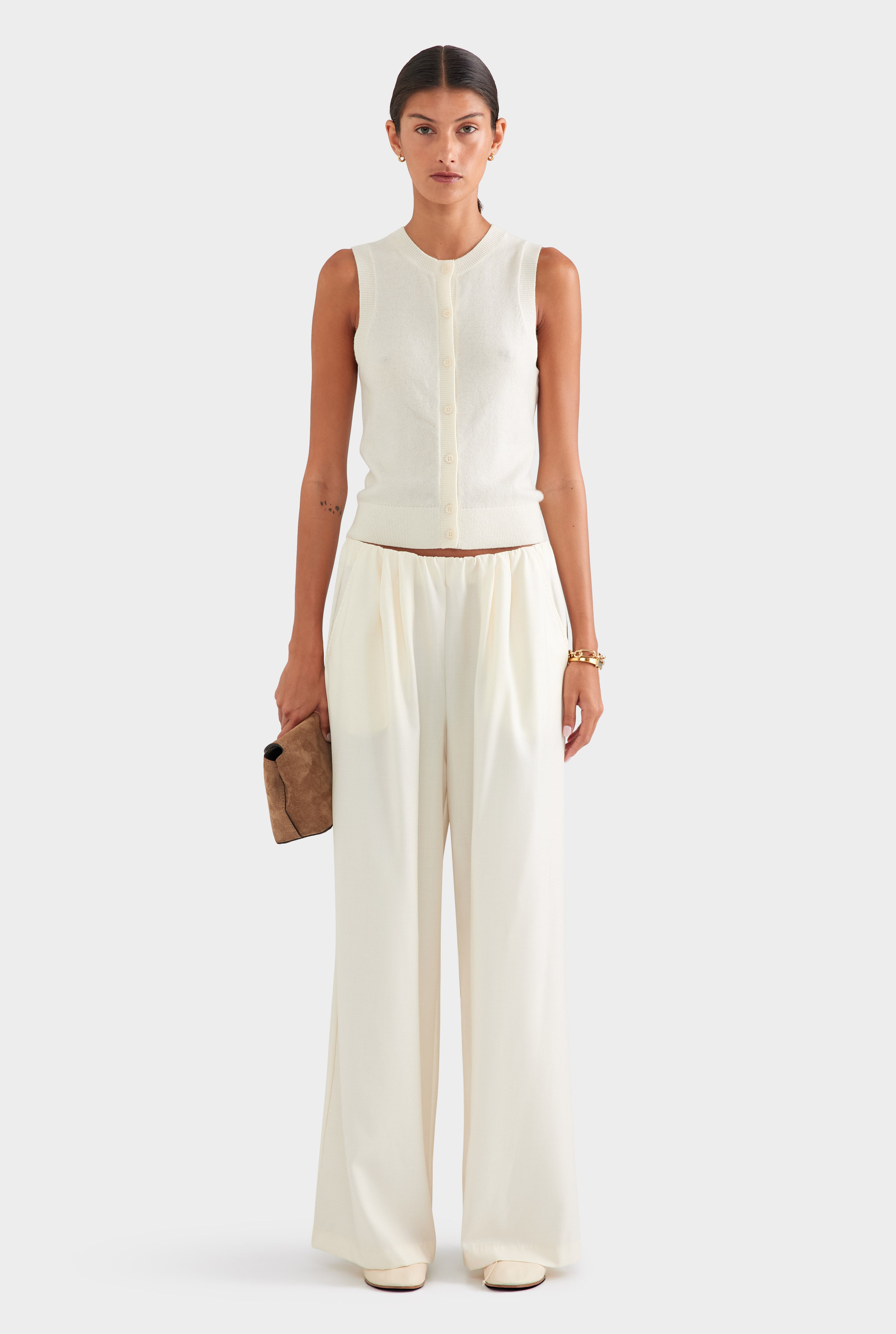 Relaxed Wool Wide Leg Trouser - Cream