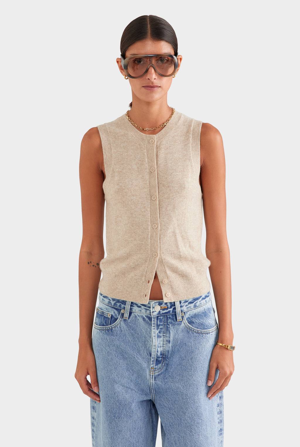 Cashmere Button Through Tank - Sand
