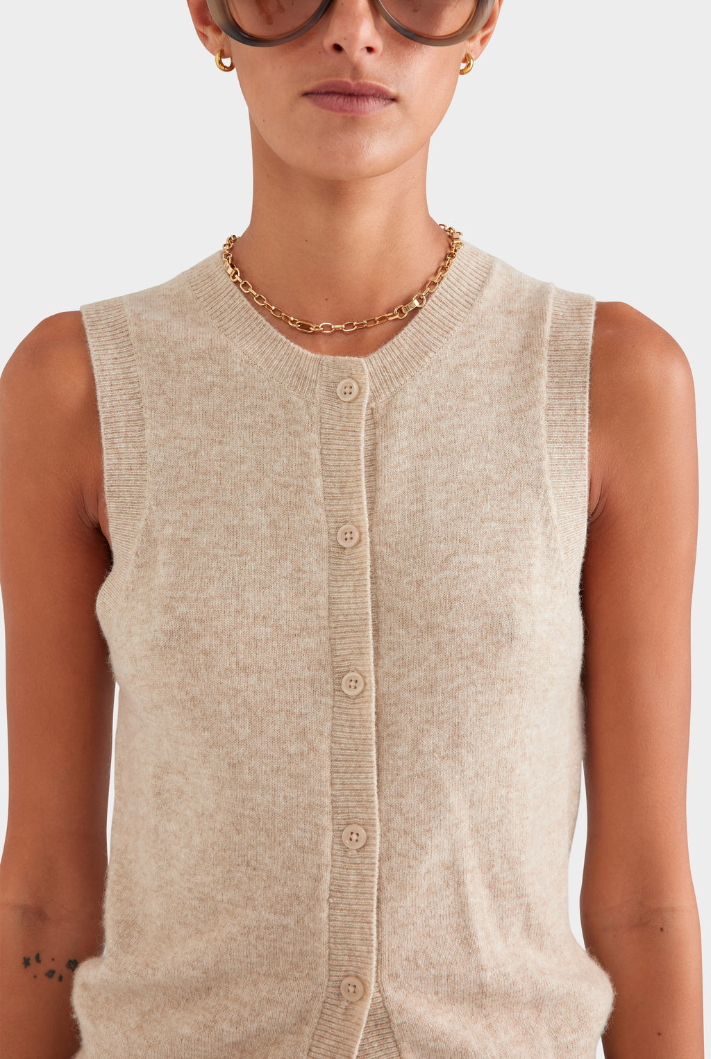Cashmere Button Through Tank - Sand