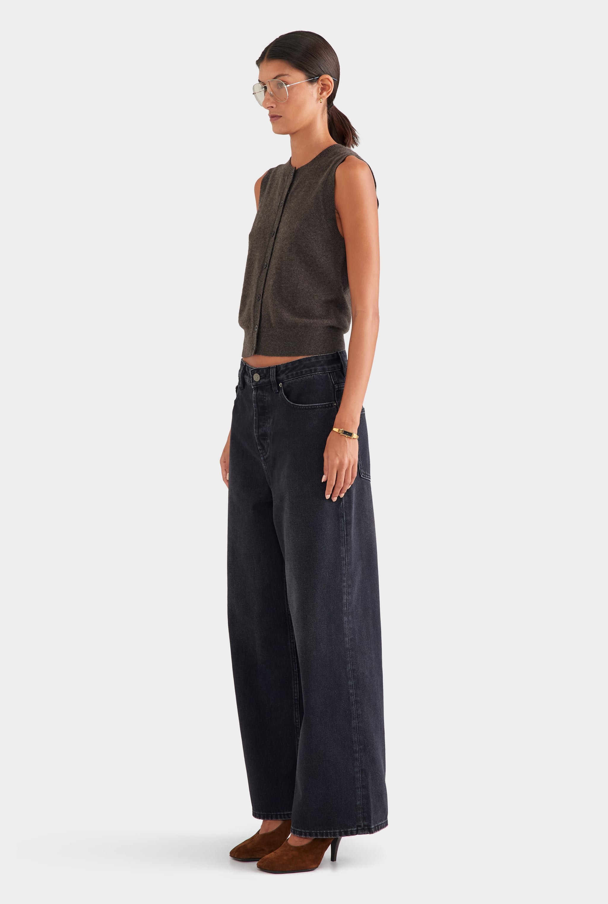 Cashmere Button Through Tank - Chocolate Marl
