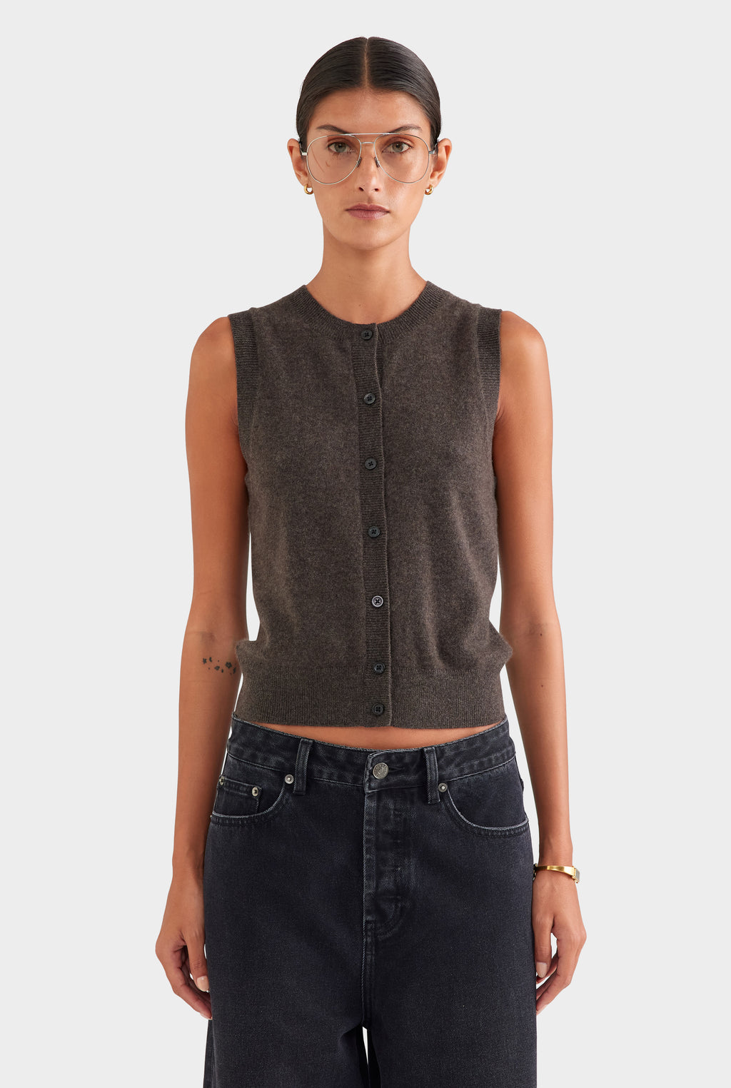 Cashmere Button Through Tank - Chocolate Marl