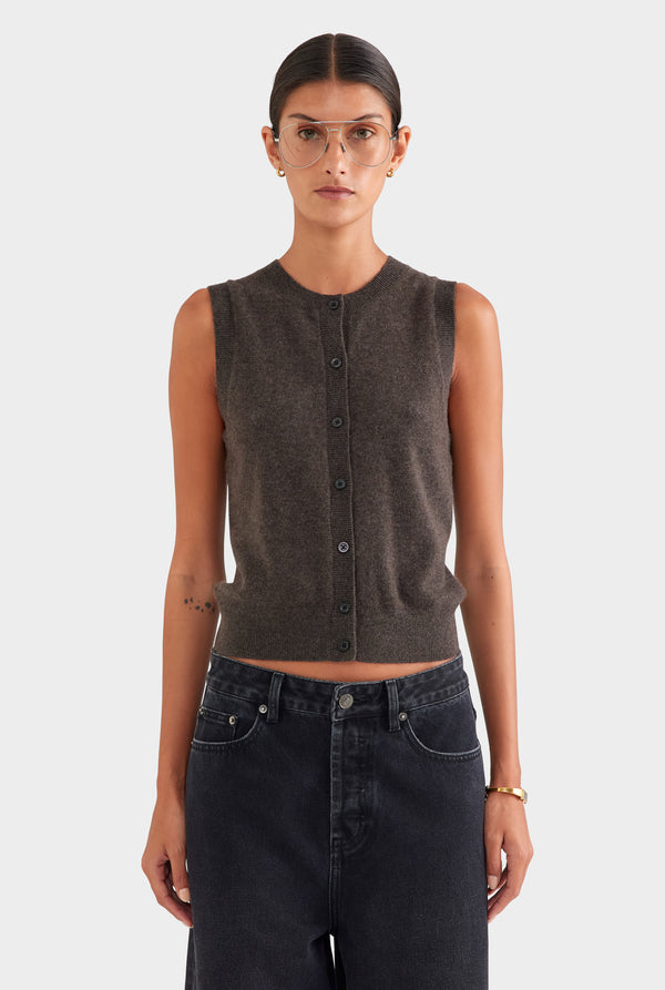 Cashmere Button Through Tank - Chocolate Marl