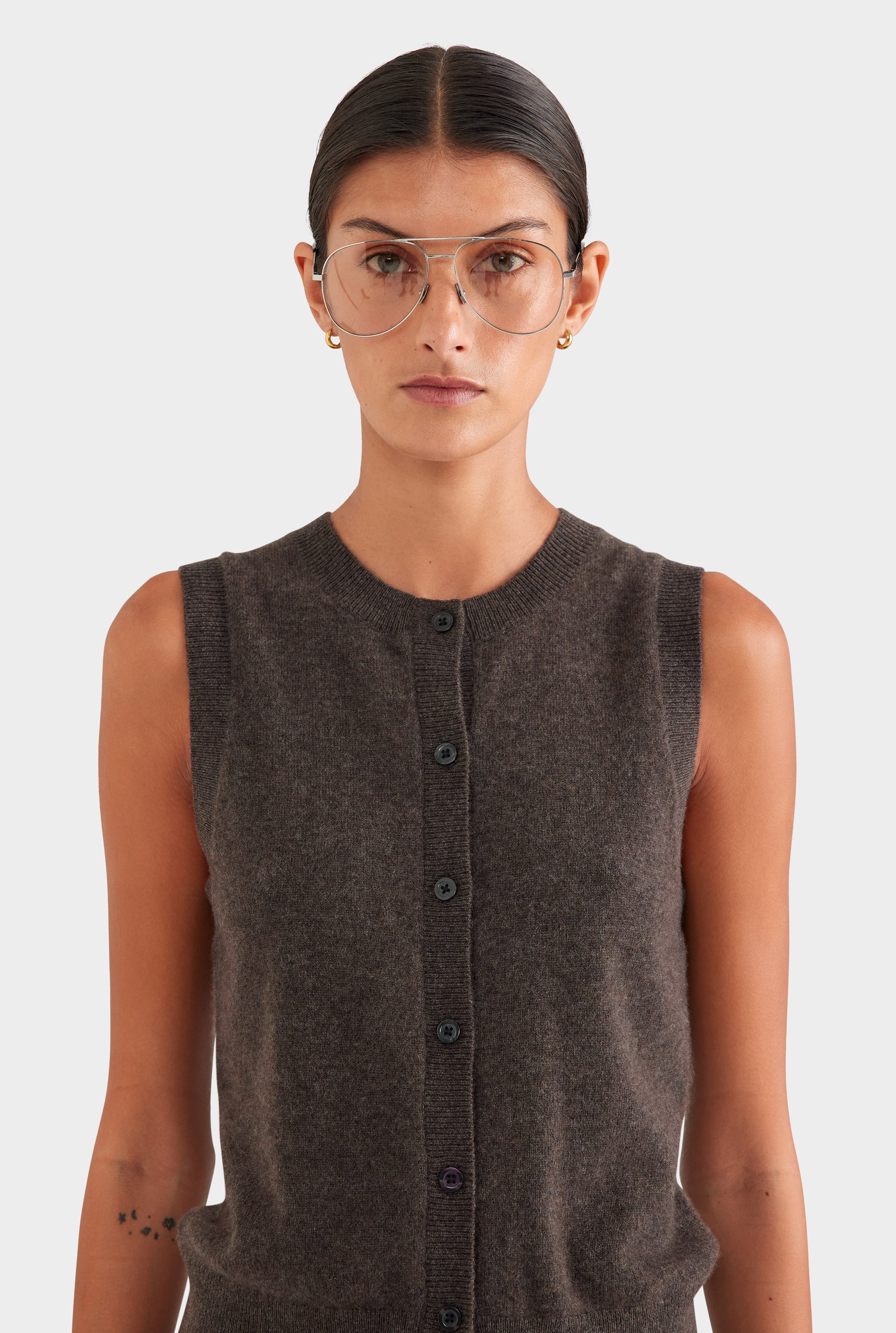 Cashmere Button Through Tank - Chocolate Marl