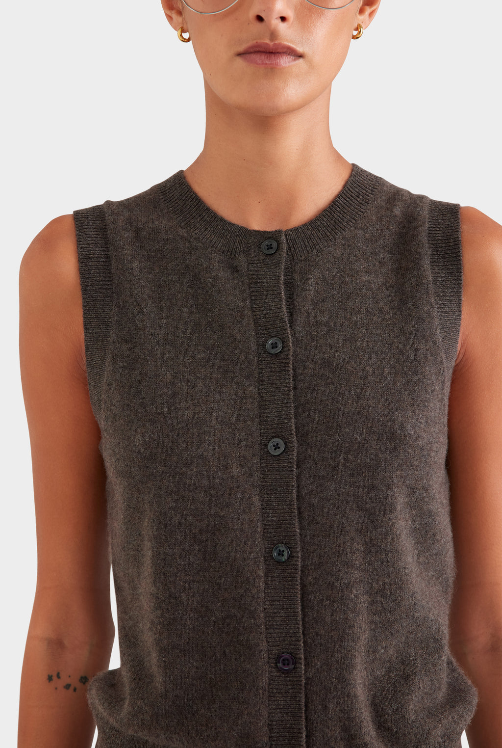 Cashmere Button Through Tank - Chocolate Marl