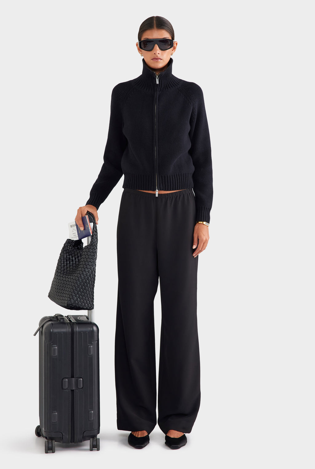 Cotton Funnel Neck Zip Up Sweater - Black