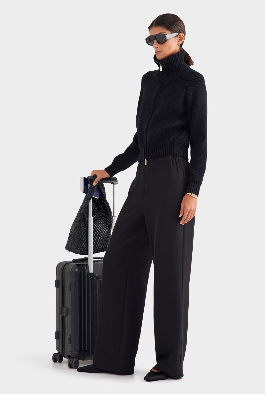 Cotton Funnel Neck Zip Up Sweater - Black