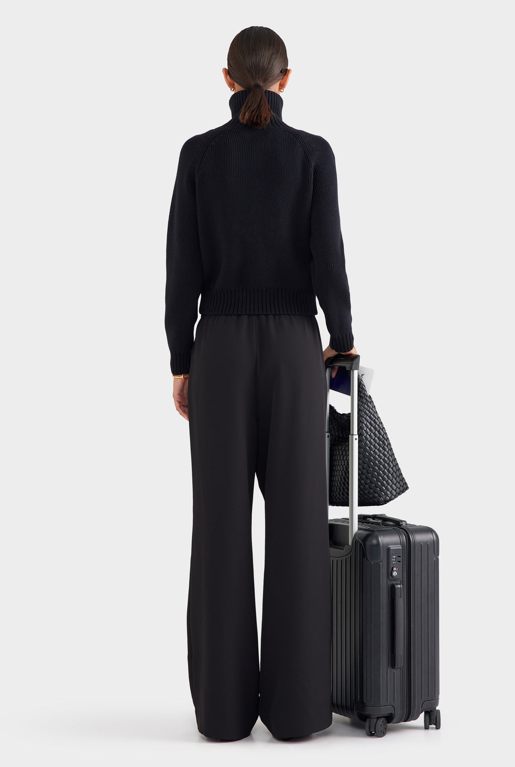 Cotton Funnel Neck Zip Up Sweater - Black