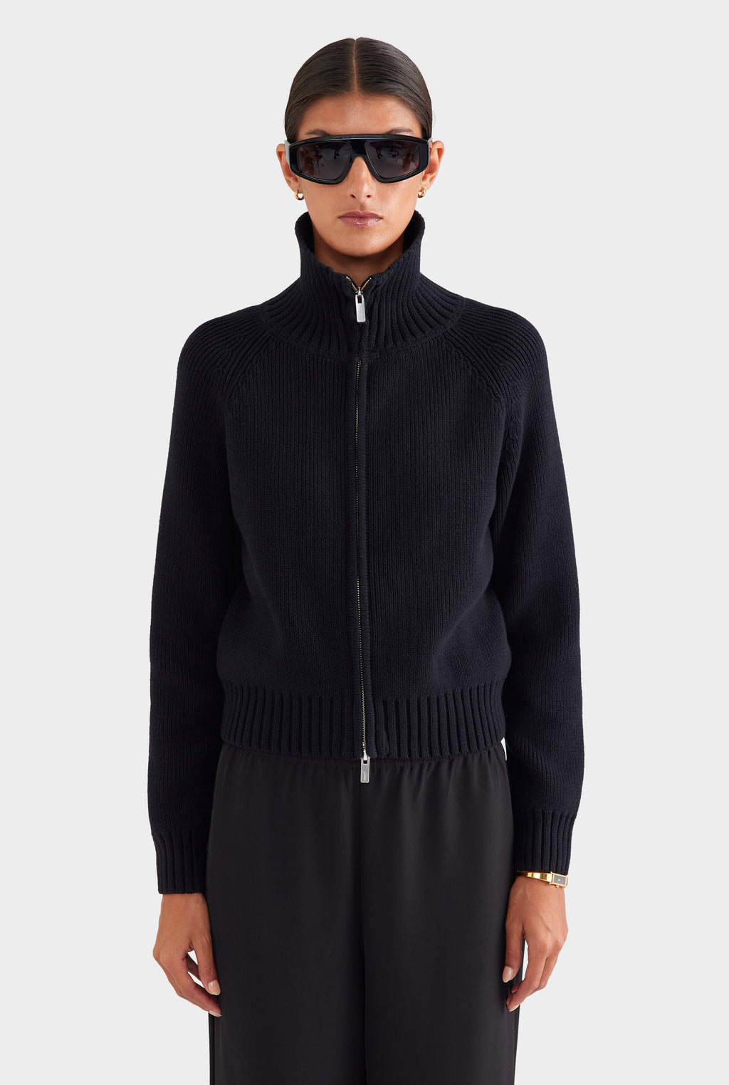 Cotton Funnel Neck Zip Up Sweater - Black