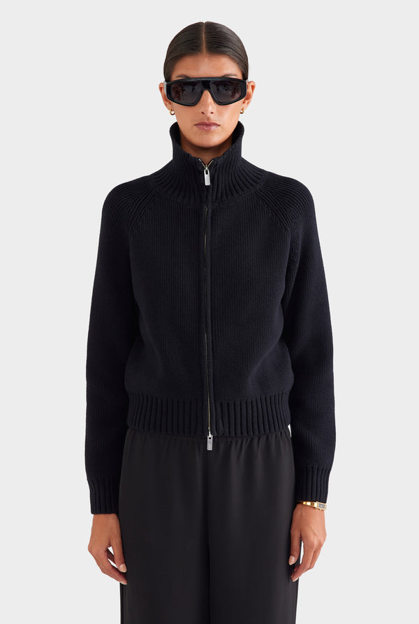 Cotton Funnel Neck Zip Up Sweater - Black