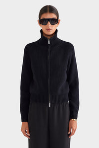 Cotton Funnel Neck Zip Up Sweater - Black