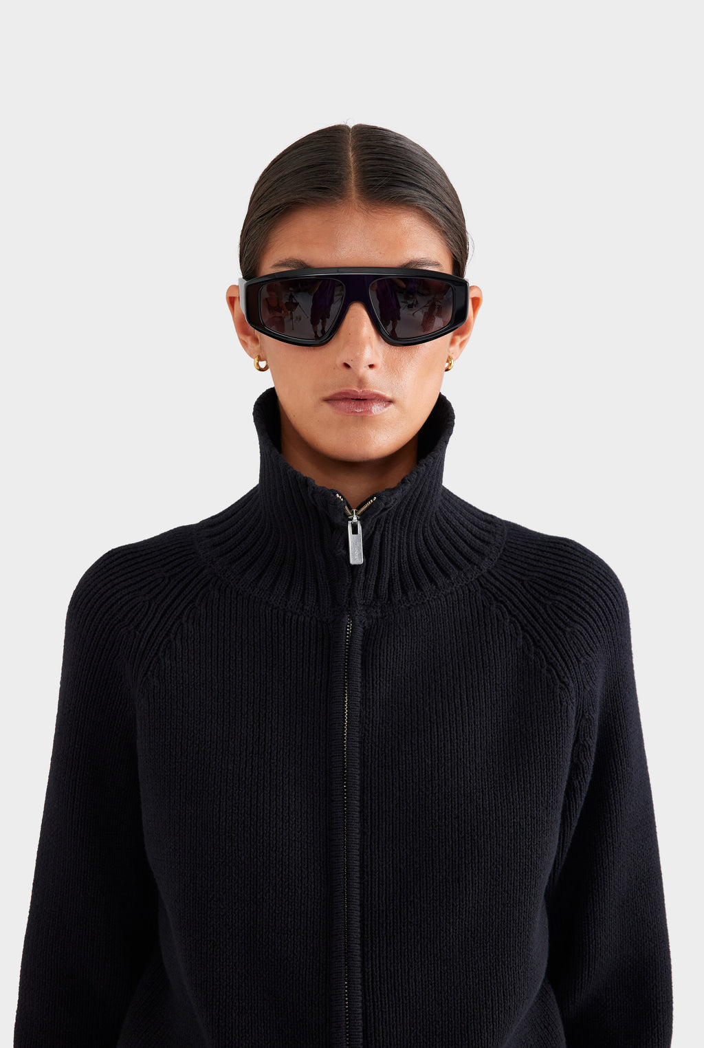 Cotton Funnel Neck Zip Up Sweater - Black