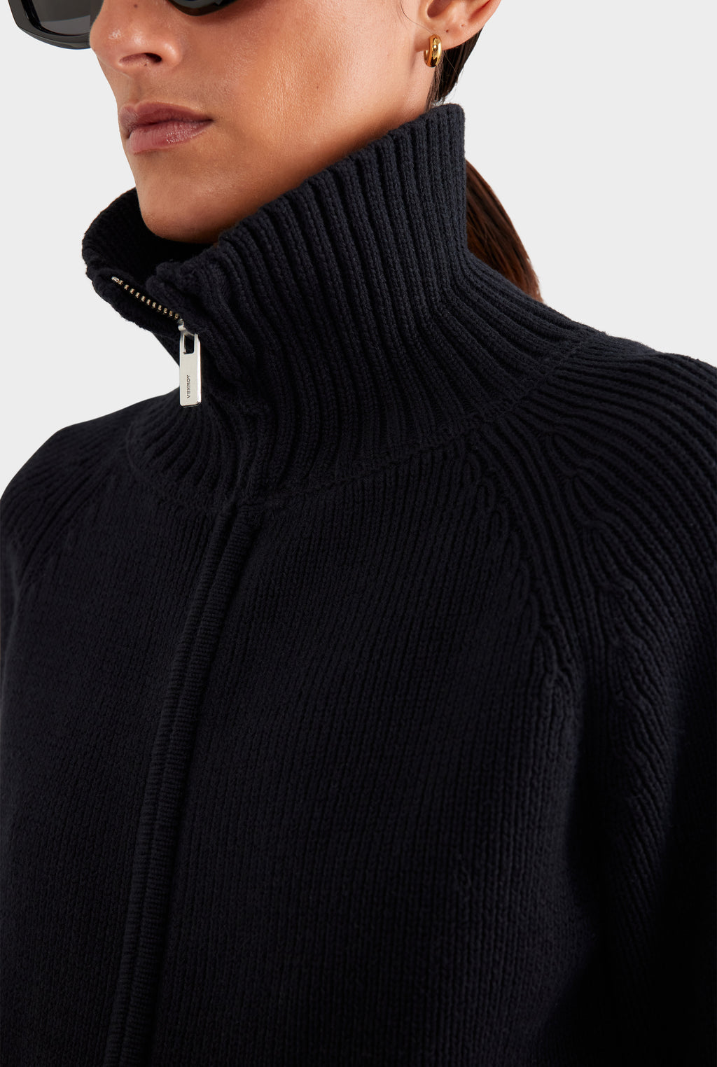 Cotton Funnel Neck Zip Up Sweater - Black