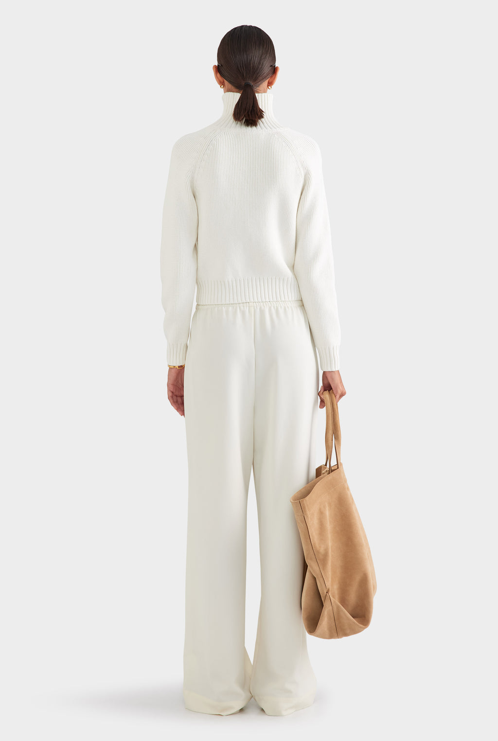 Cotton Funnel Neck Zip Up Sweater - White