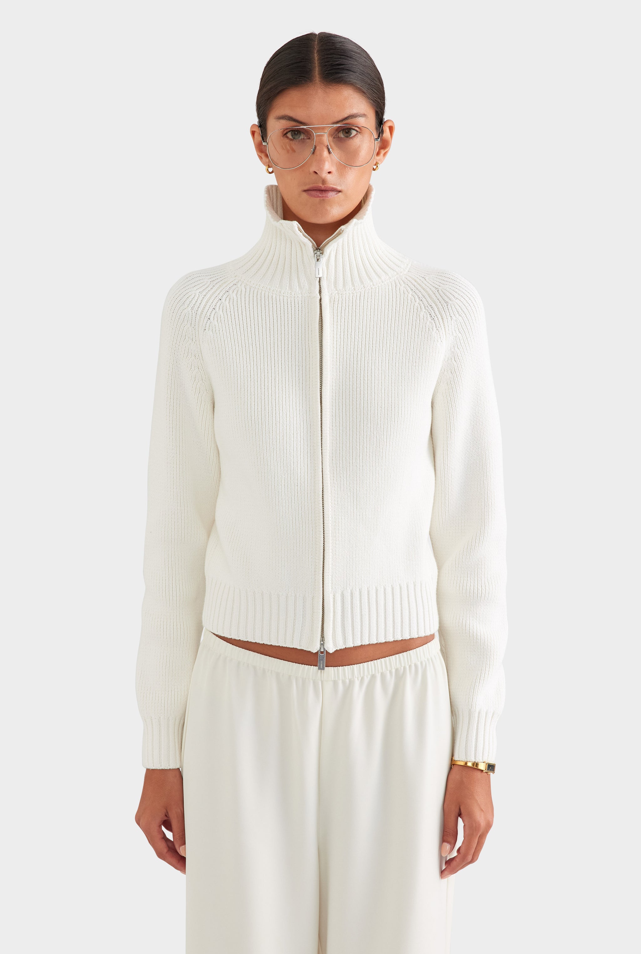 Cotton Funnel Neck Zip Up Sweater - White