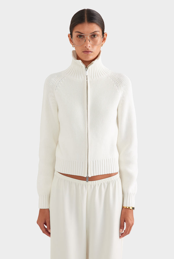 Cotton Funnel Neck Zip Up Sweater - White