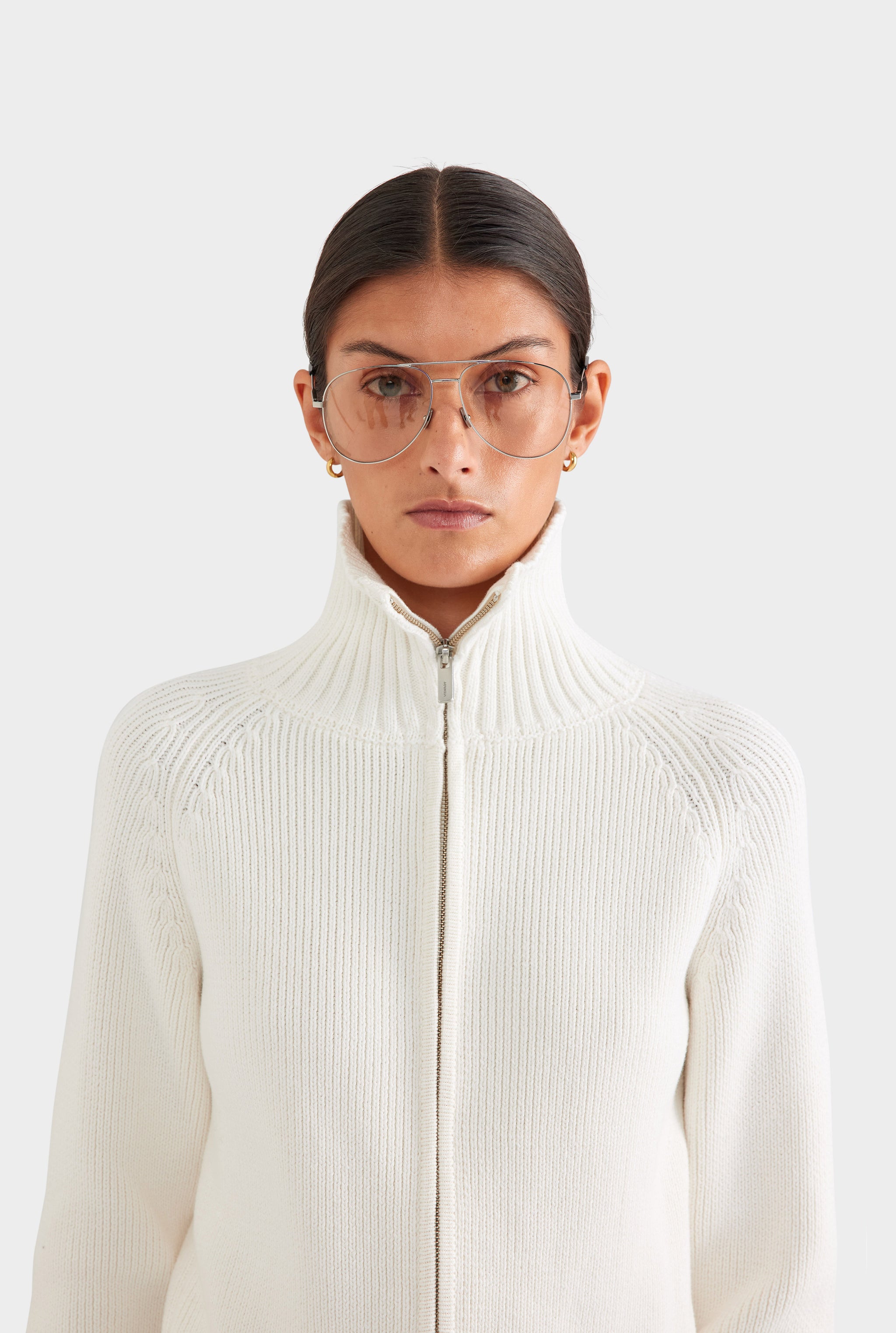 Cotton Funnel Neck Zip Up Sweater - White