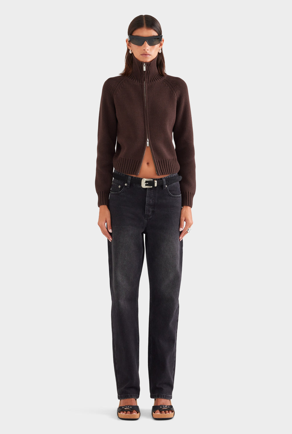 Cotton Funnel Neck Zip Up Sweater - Chocolate