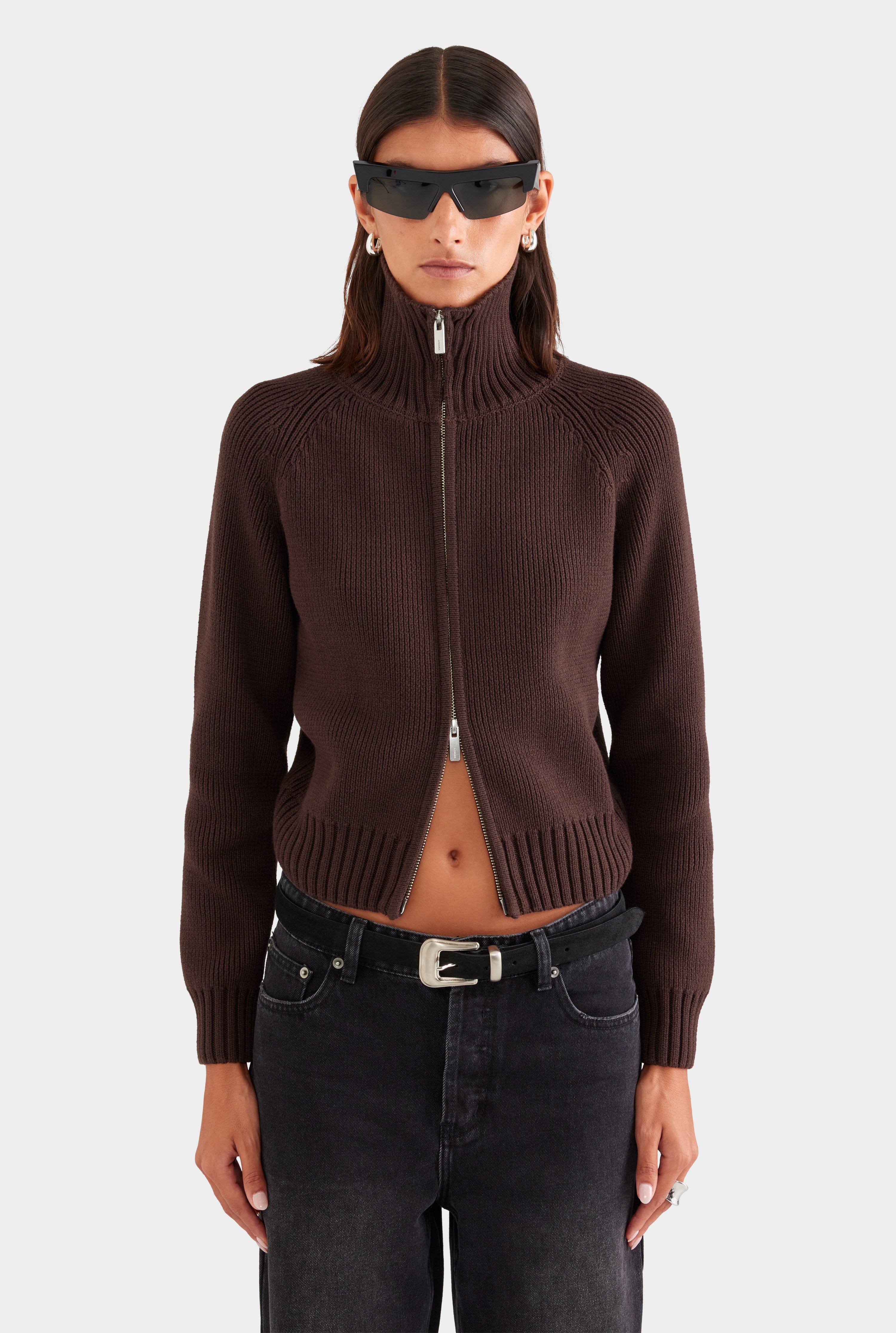 Cotton Funnel Neck Zip Up Sweater - Chocolate