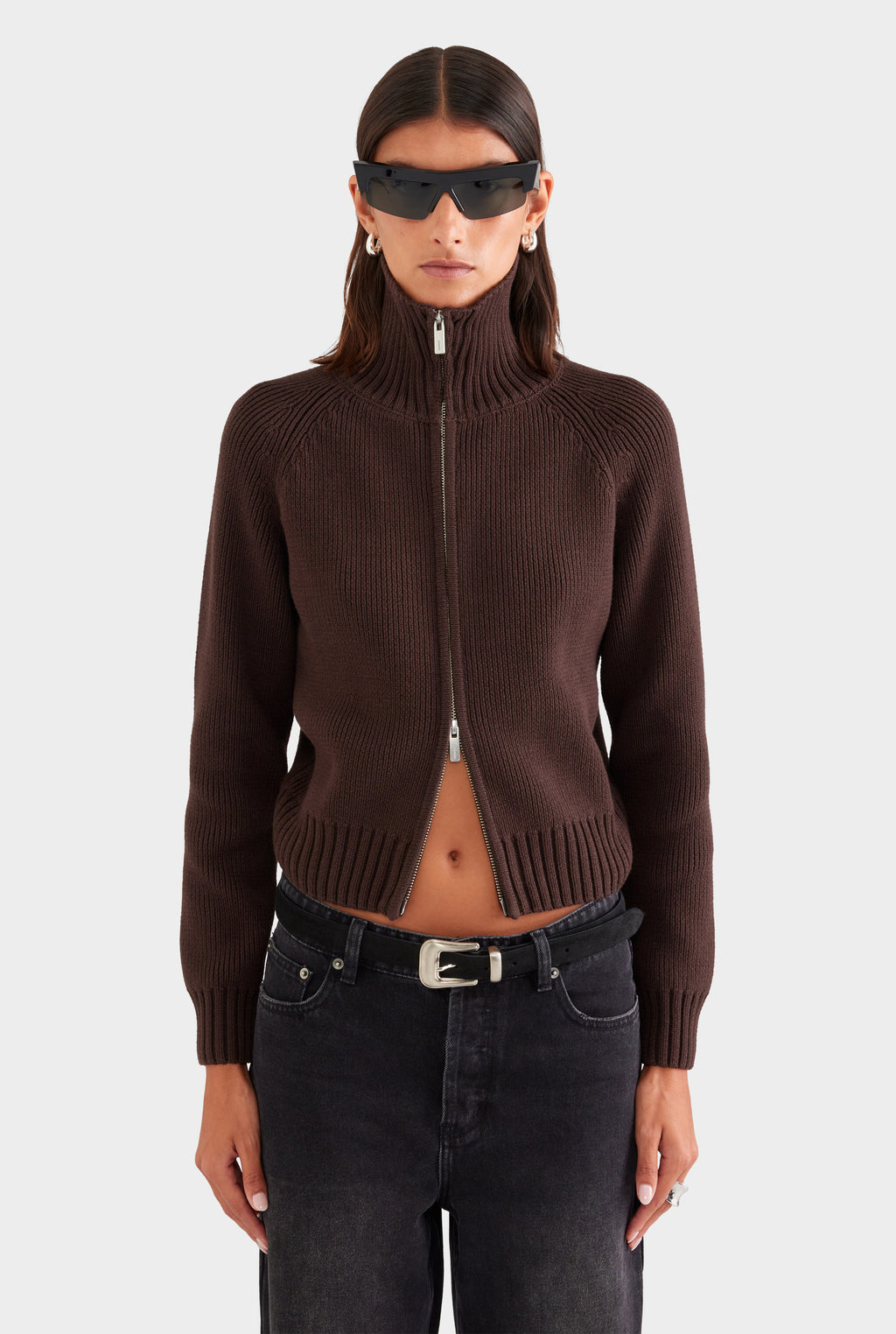 Cotton Funnel Neck Zip Up Sweater - Chocolate