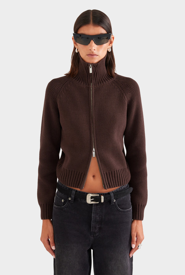 Cotton Funnel Neck Zip Up Sweater - Chocolate