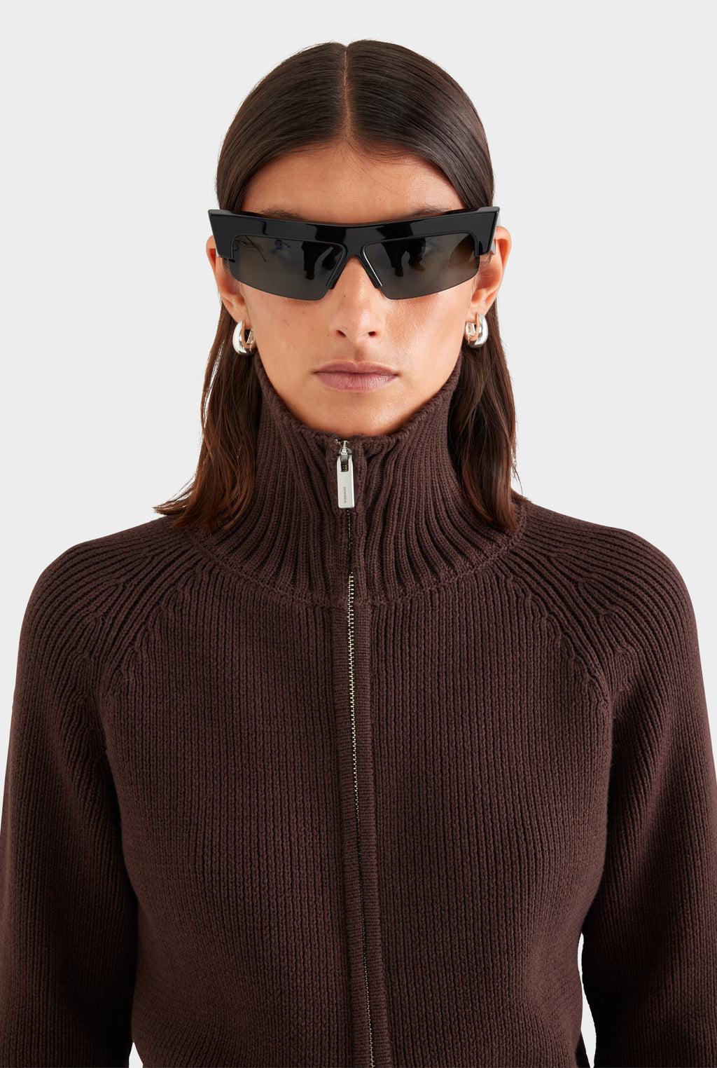 Cotton Funnel Neck Zip Up Sweater - Chocolate