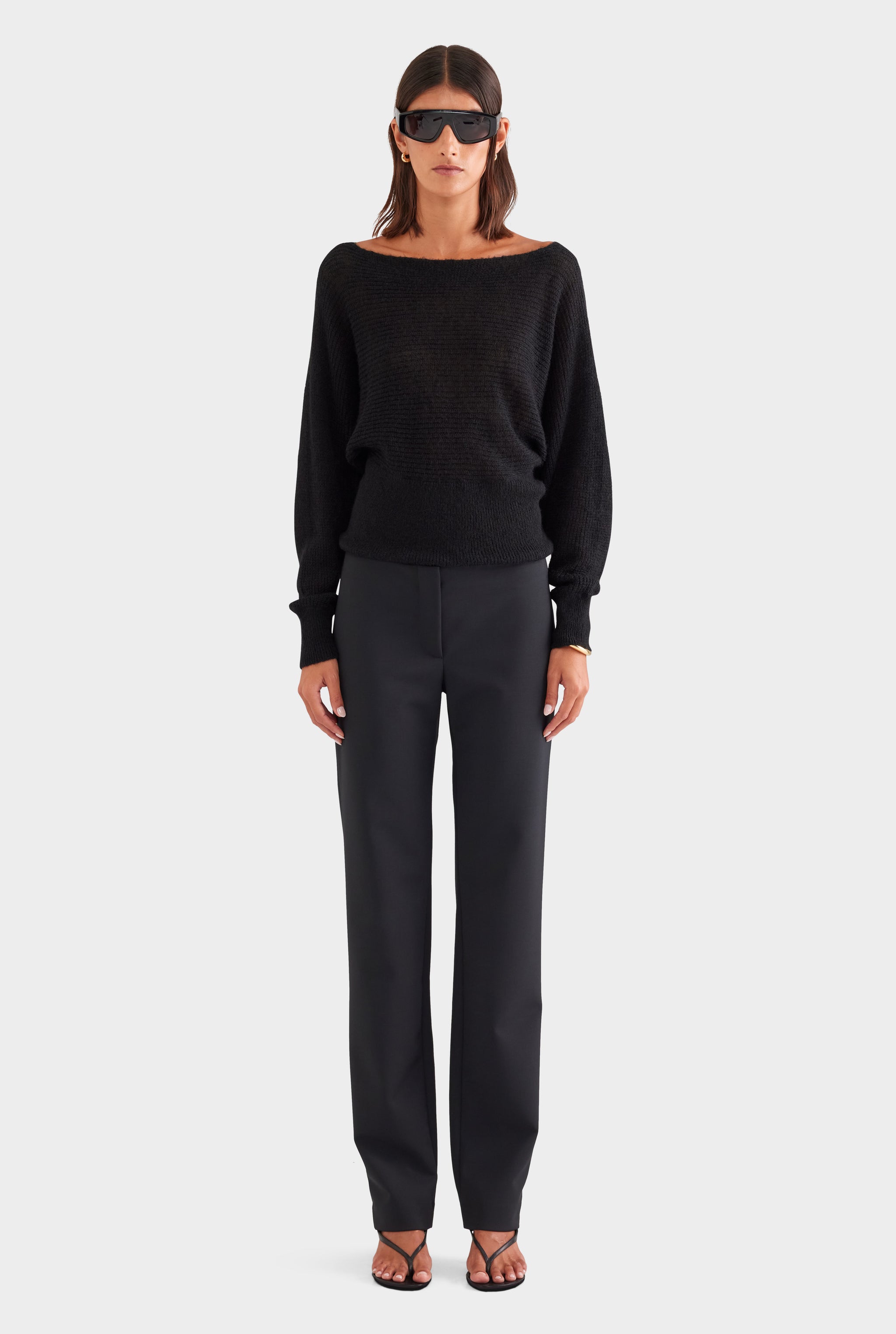 Wool Mohair Boat Neck Sweater - Black