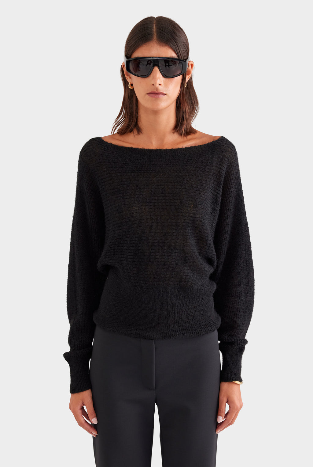 Wool Mohair Boat Neck Sweater - Black