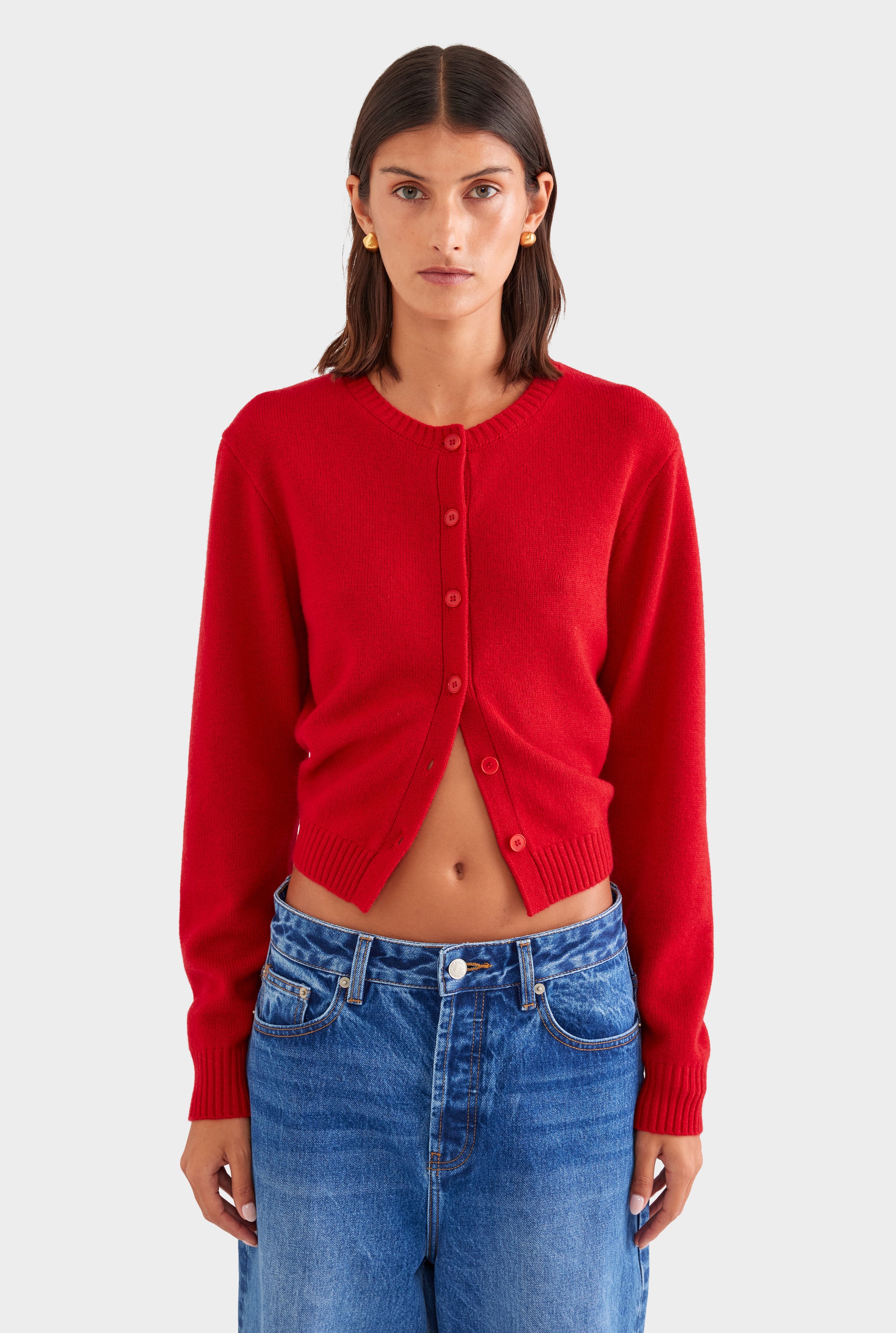 Cinched Merino Wool Cardigan - Red