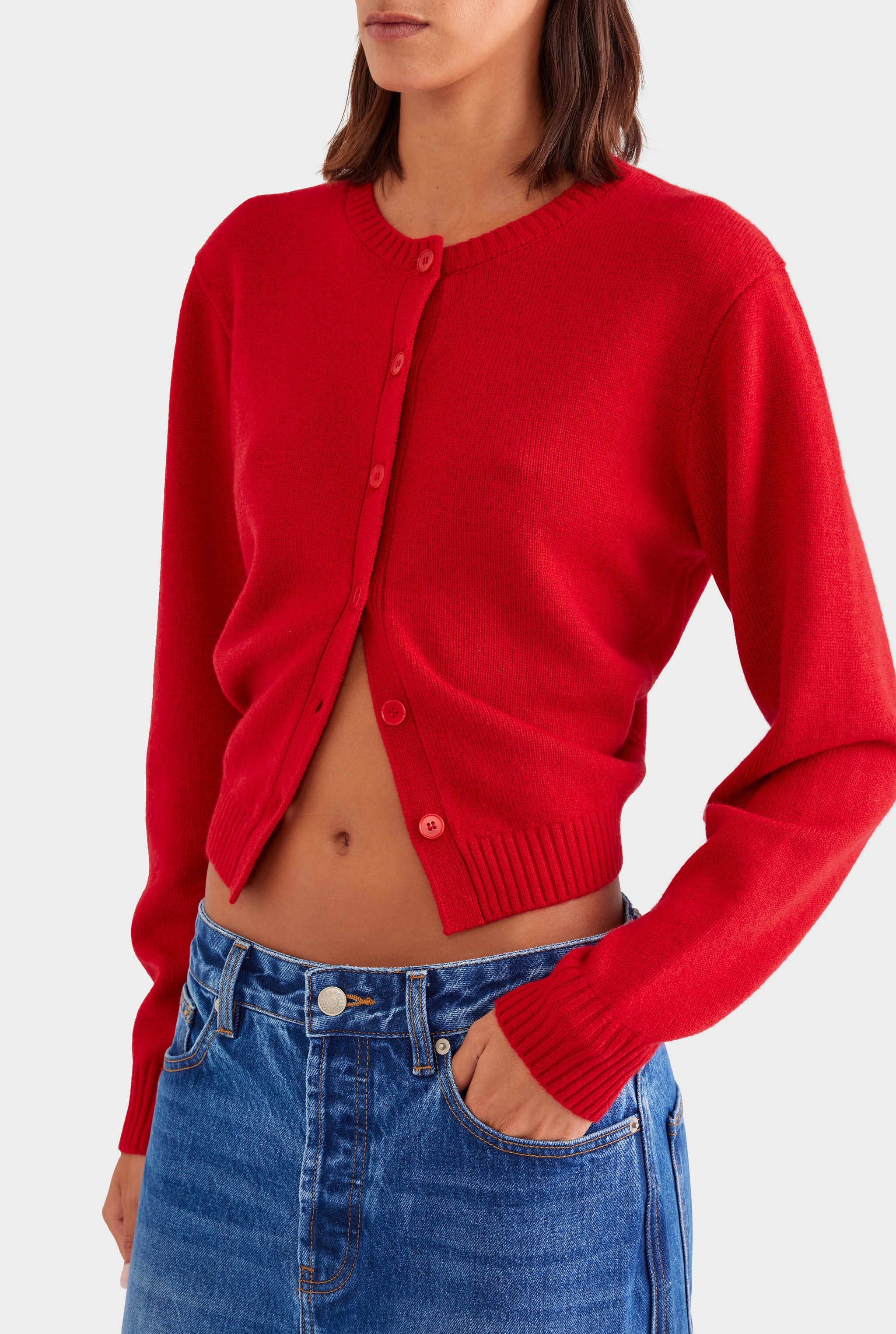 Cinched Merino Wool Cardigan - Red