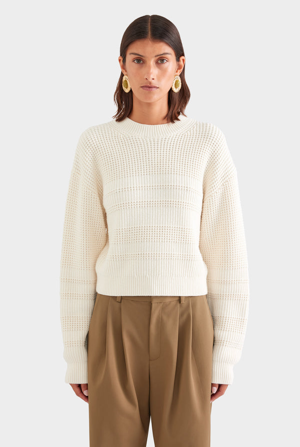 Cotton Cashmere Textured Crewneck Sweater - Off White