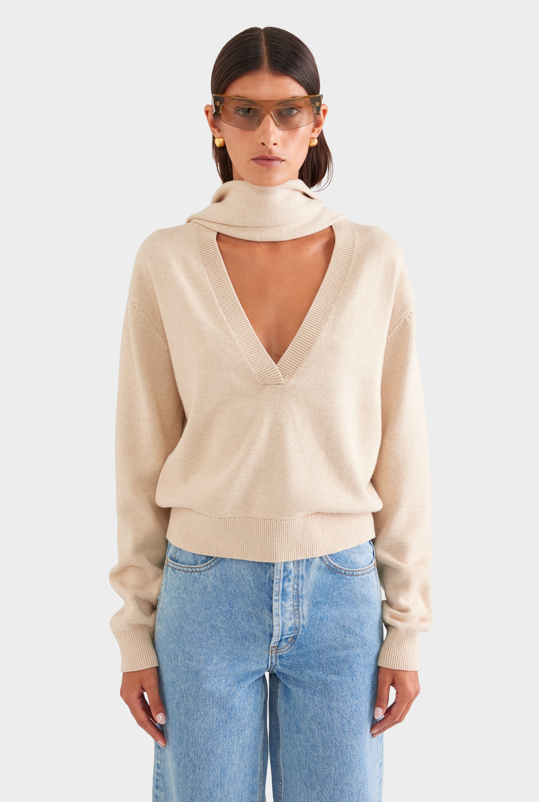 Cotton Cashmere Scarf V Neck Sweater - Oat