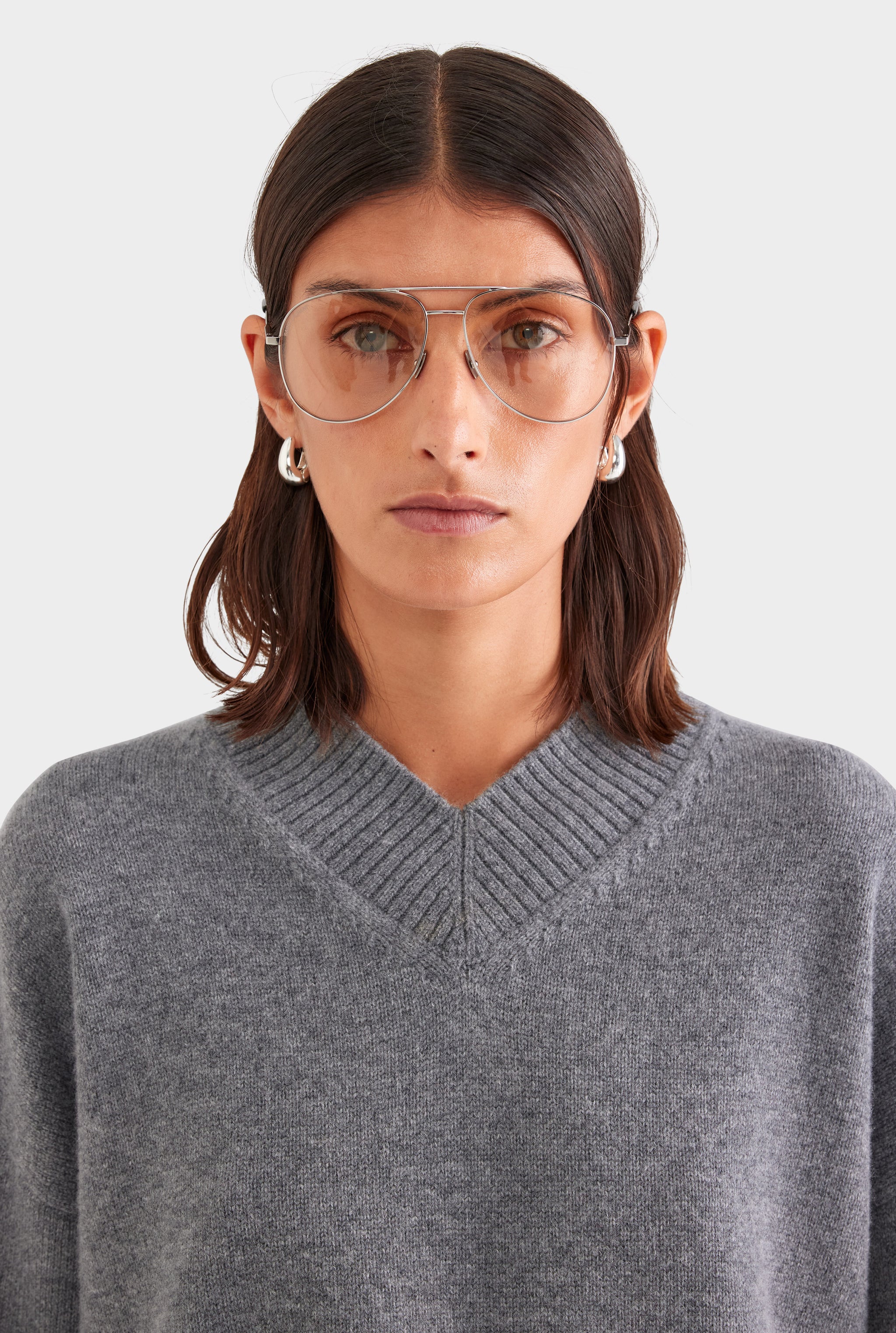 Wool Cashmere V Neck Sweater - Charcoal Marl