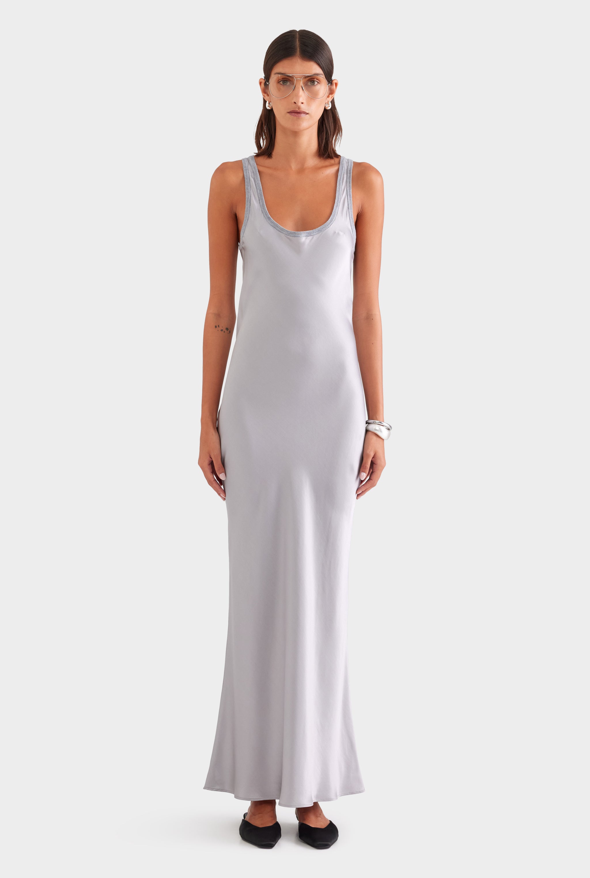 Bias Satin Tank Dress - Silver/Grey Marl