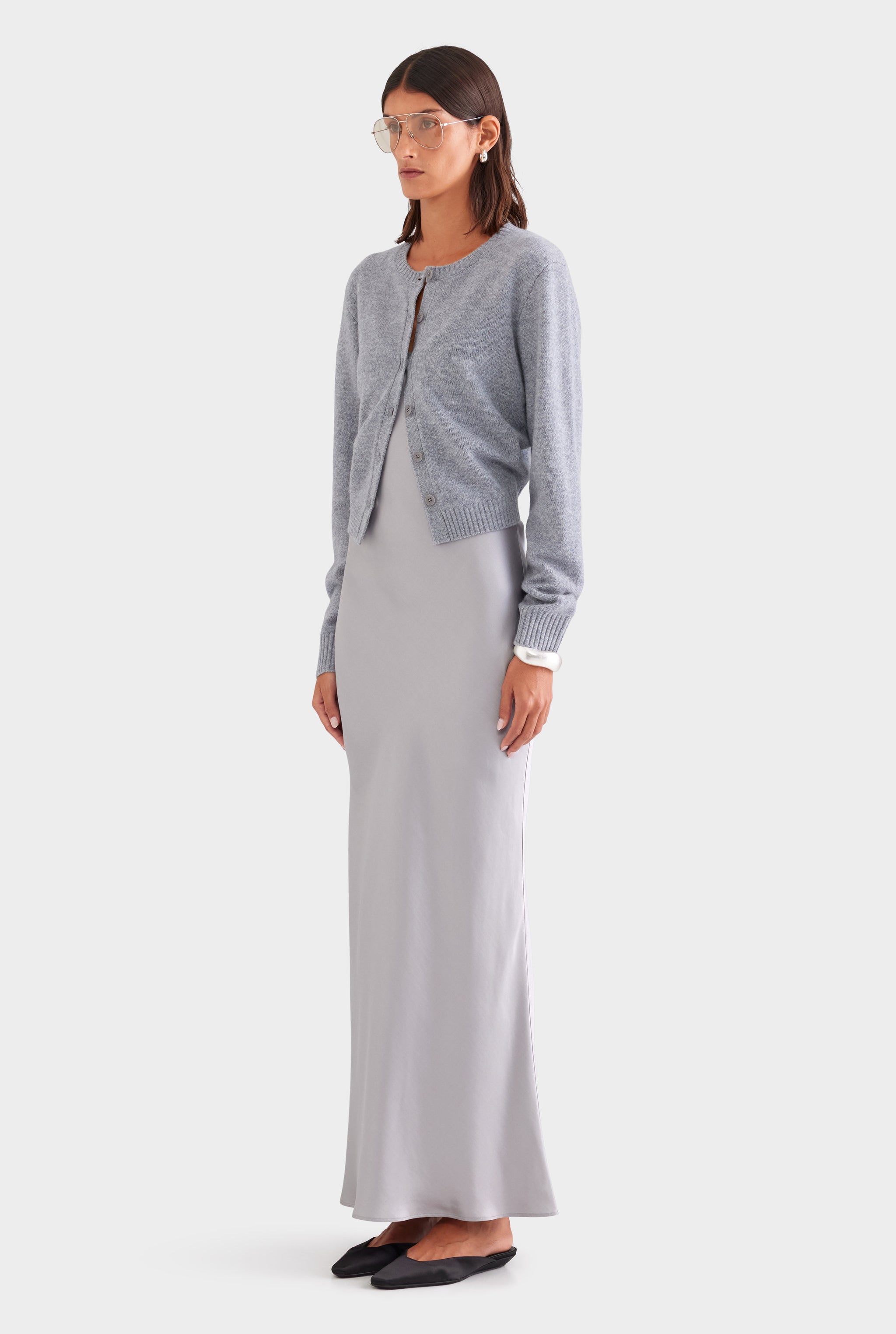 Bias Satin Tank Dress - Silver/Grey Marl