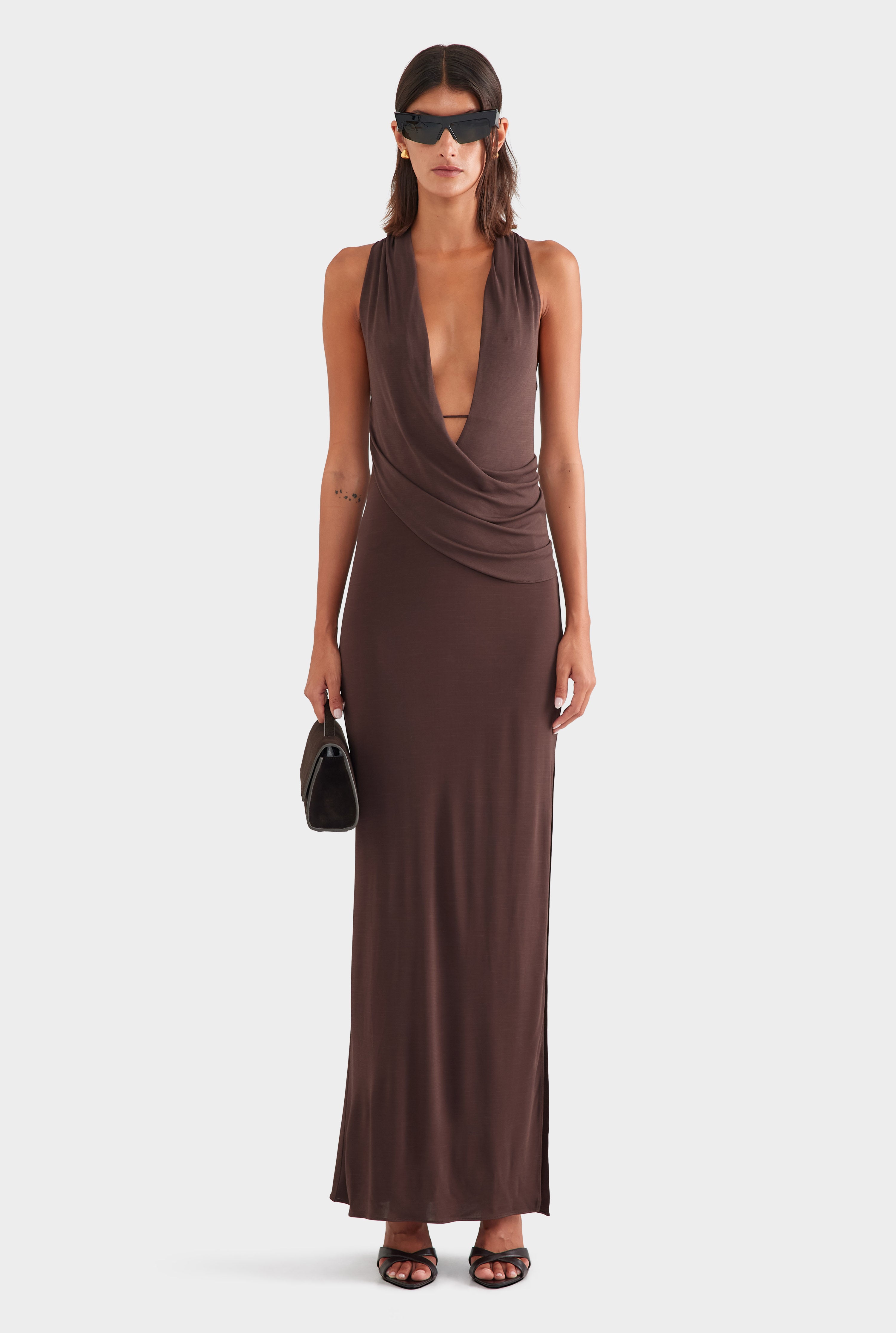 Side Cowl Maxi Dress - Chocolate