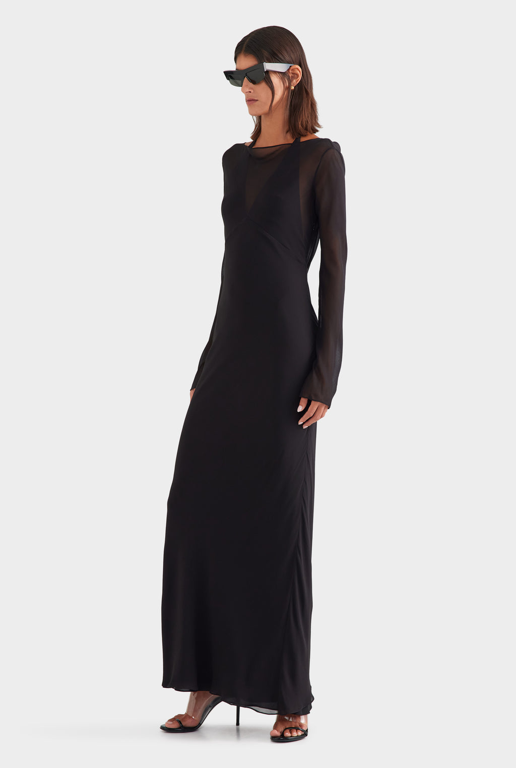 Silk Layered Long Sleeve Maxi Dress Black