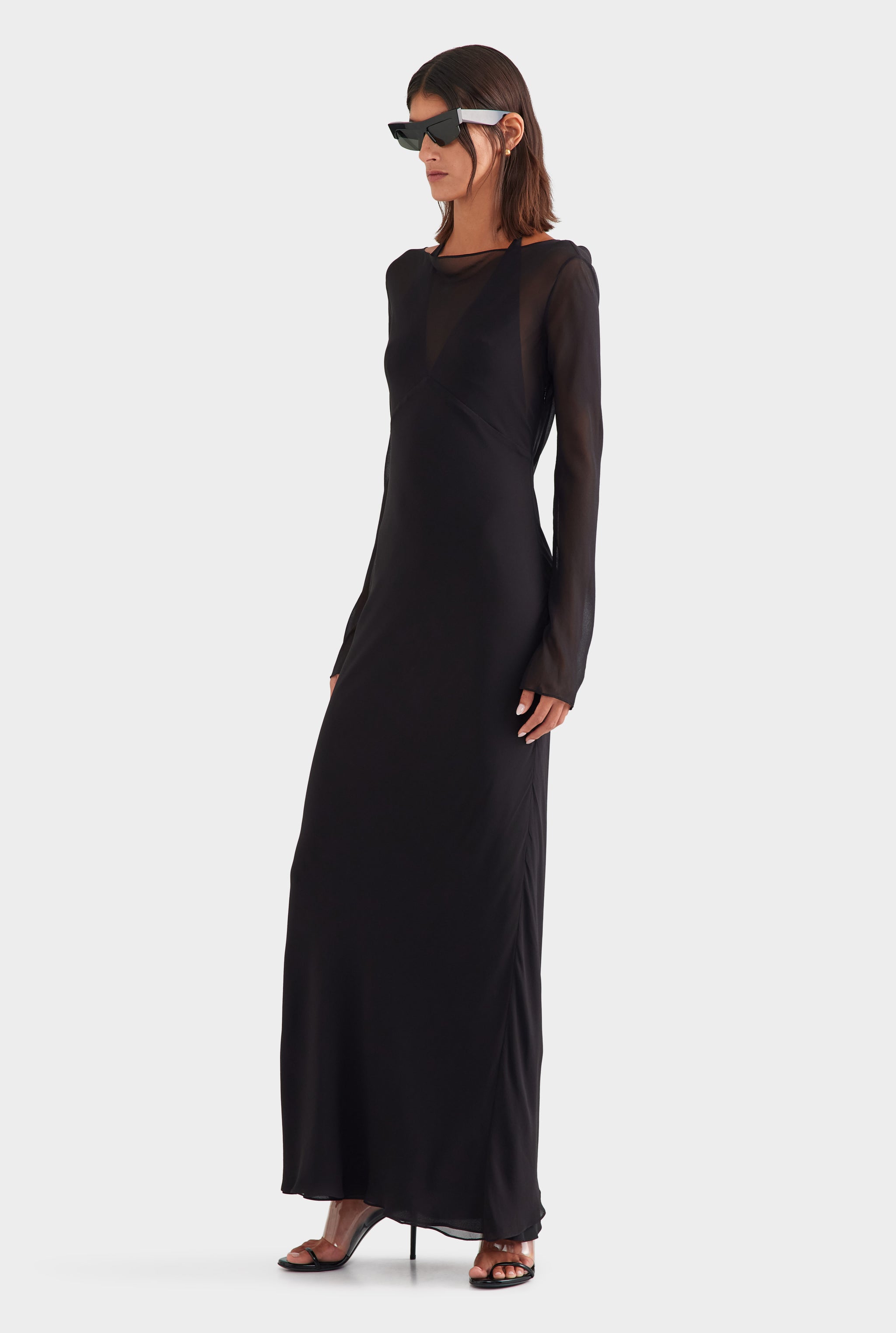 Silk Layered Long Sleeve Maxi Dress - Black