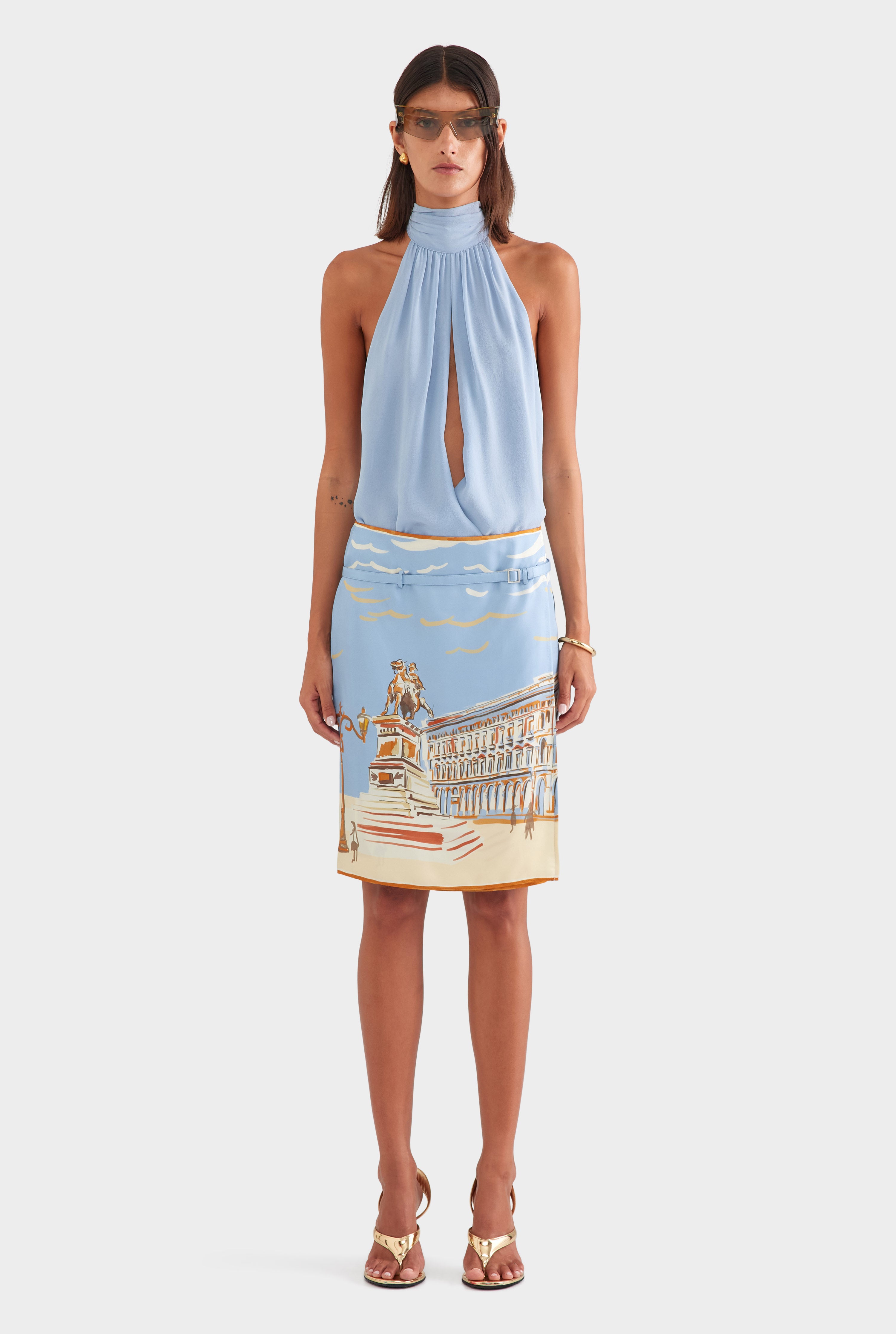 Silk Twill Belted Skirt - Milano Galleria/Powder Blue