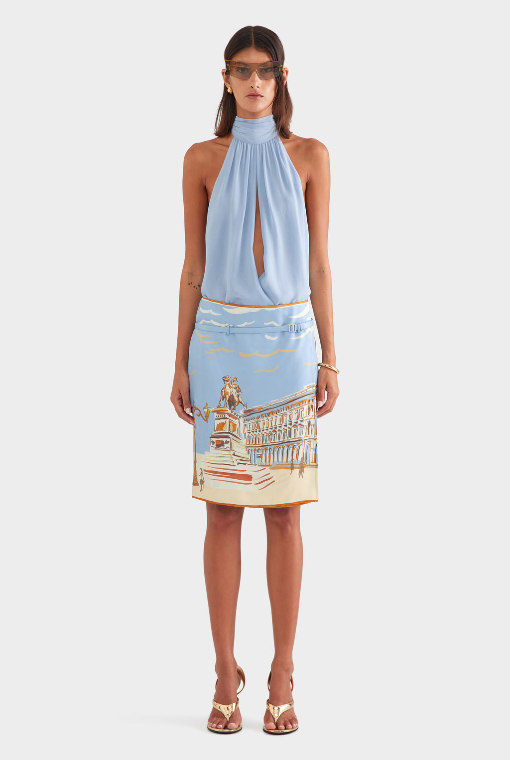 Silk Twill Belted Skirt - Milano Galleria/Powder Blue